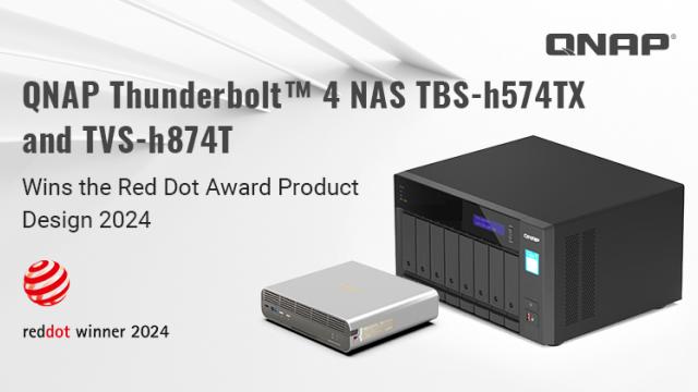 <b>QNAP TBS-H574TX și TVS-H874T câștigă Red Dot 2024; Design compact și performanță pentru profesioniști</b>Dispozitivele NAS QNAP Thunderbolt 4 TBS-h574TX și TVS-h874T au obținut recunoaștere internațională, câștigând premiul Red Dot: Product Design 2024. Acestea au fost selectate dintre peste 20.000 de produse înscrise din 60 de țări, evidențiindu-se