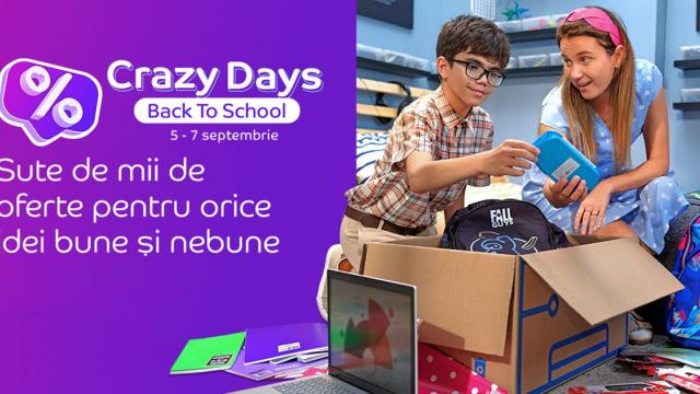 <b>Crazy Days în ediția Back to School e acum la eMAG (5-7 septembrie): Laptopuri reduse cu sute de lei, ghiozdane și rechizite școlare, gadget-uri utile și accesibile</b>Ziua de marți, 4 septembrie, ne aduce o nouă rundă de oferte marca Crazy Days by eMAG. De această dată e vorba despre o ediție „Back to School” ce conține, pe lângă gadget-uri, electronice, electrocasnice, mobilă și produse pentru casă, rechizite școlare