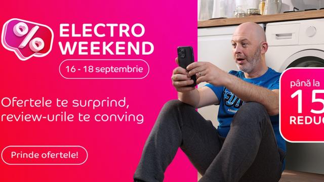 <b>Electro Weekend a revenit la eMAG în perioada 16-18 septembrie! Laptopuri, electrocasnice mari și mici, telefoane ASUS și smartwatch-uri Amazfit cu discount</b>eMAG a dat ieri startul oficial precomenzilor pentru noul iPhone 15, însă retailerul are și campanii foarte interesante în desfășurare. Azi a început o nouă rundă „Electro Weekend”, astfel că în perioada 16-18 septembrie găsit pe site o mulțime de electro