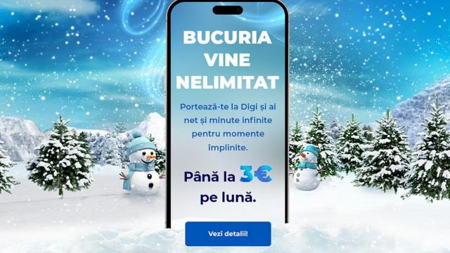 <b>DIGI Mobil lansează oferta de Crăciun, cu 3 euro pentru Nelimitat şi alte beneficii („Bucuria vine Nelimitat")</b>DIGI Mobil şi-a pornit campania de Crăciun, de iarnă, de oferte speciale pentru familii. Vine sub numele de "Bucuria vine Nelimitat" şi aduce preţuri şi de doar 3 euro pentru un abonament cu resurse nelimitate. Oferta ține până pe 2 februarie 2025